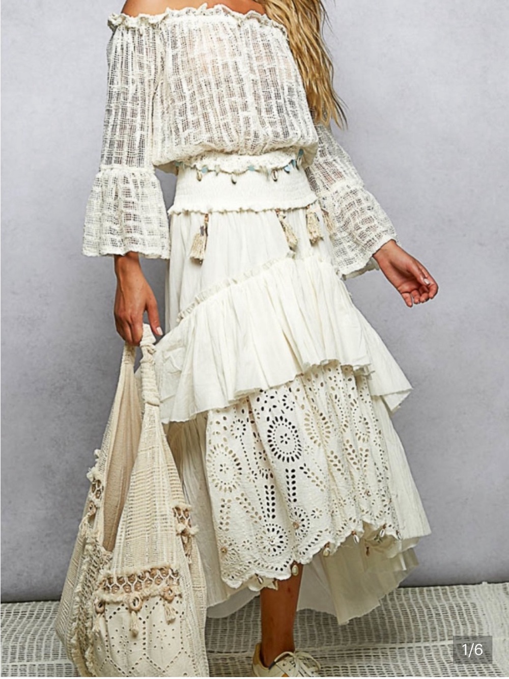 POL Boho Ruffle Tiered Eyelet Maxi Skirt With Tassel Embellishments